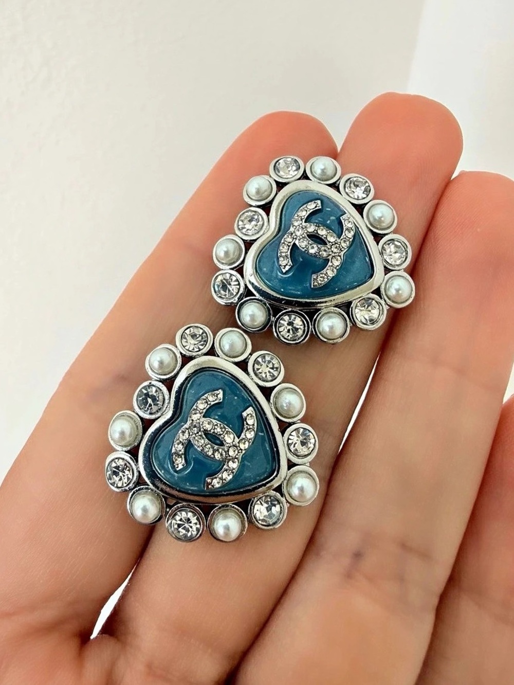 Chanel Heart CC Earrings Blue
